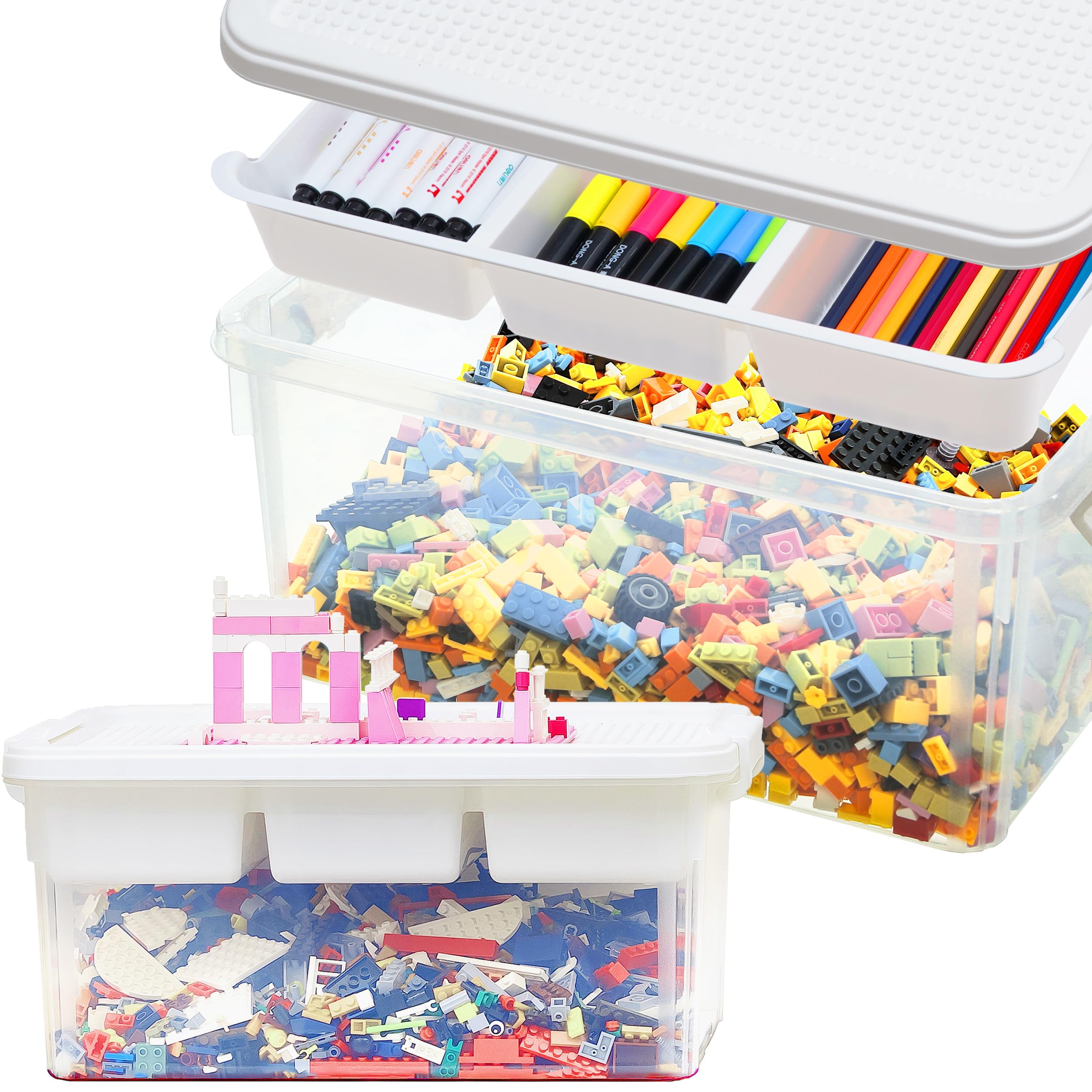 17 Quart Plastic Storage Bins with Lid Building Plate Dividers Block Storage Clear Art Supply Craft Organizers Playroom Container Organizer with Lid for Bead Crayon