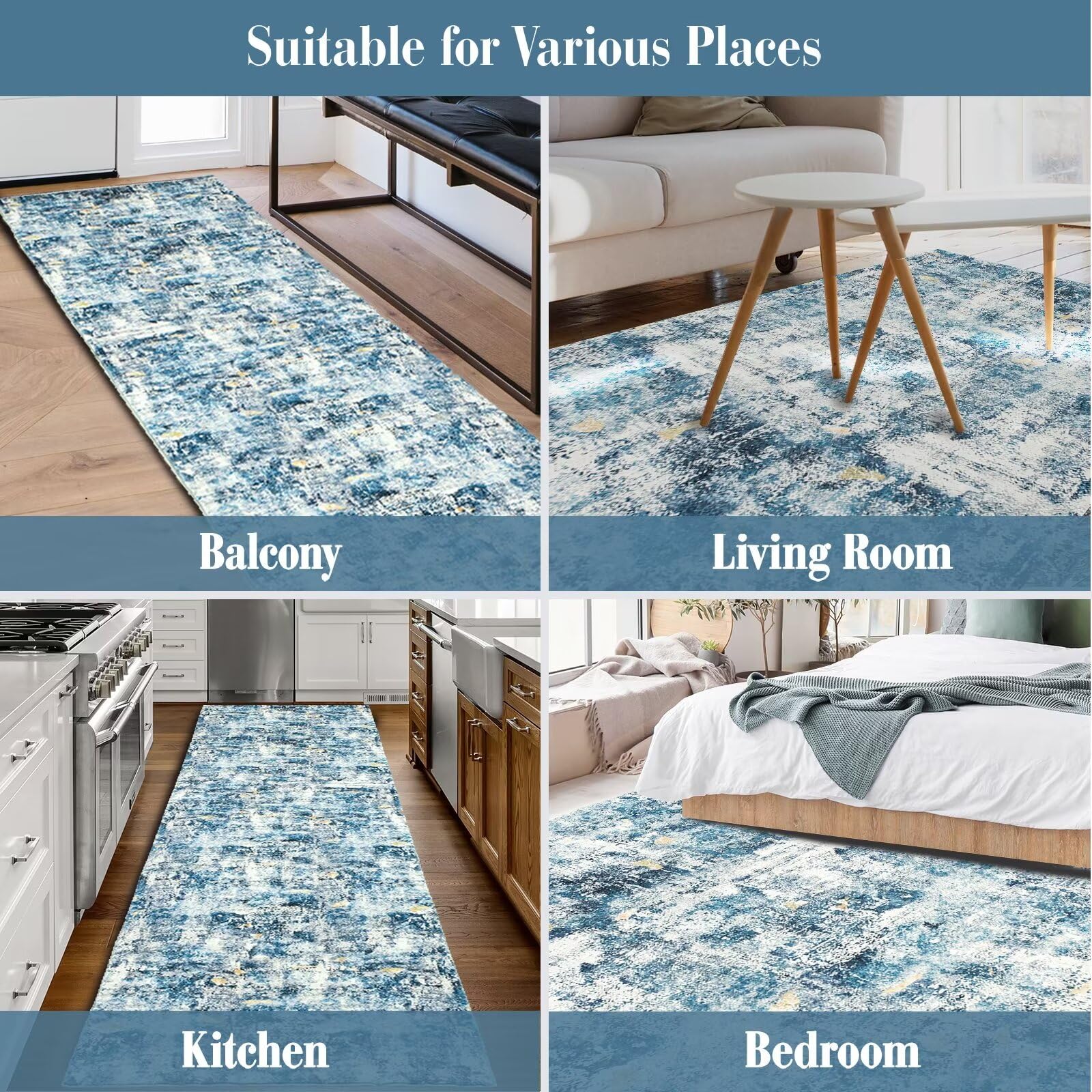 nusoarug 5x7 Modern Thick Pile Area Rug Machine Washable, 5' x 7' Carpet Abstract Non-Slip Area Rugs with Rubber Backing for Bedroom Kitchen Entryway Living Room Bathroom, Blue Rug