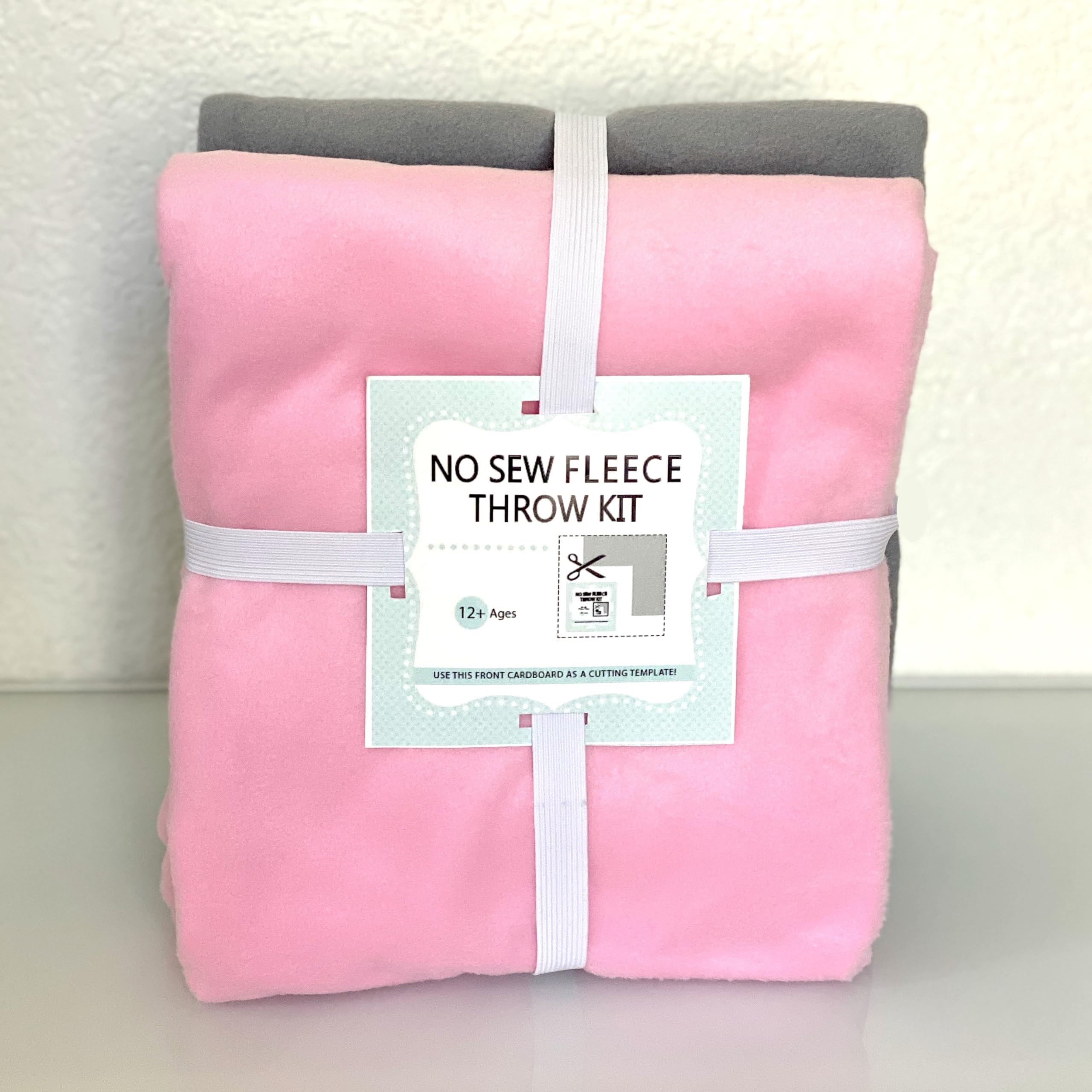 Solid Fleece No Sew Throw Kit - Soft Pink/Gray (50x60)