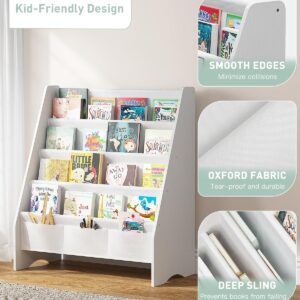 SEIRIONE Sturdy Kids Bookshelf, Book Shelf for Kids Room with Tear-Proof Oxford Sling, Eco-Safe Toddler Bookshelf, Childrens Bookshelf with Ideal Height for Quick Book Access, White/Wood Texture