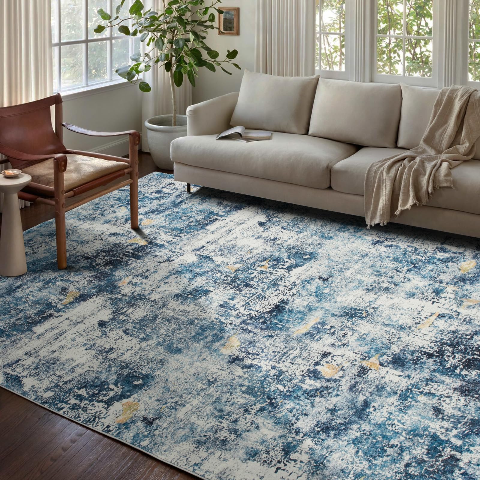 nusoarug 5x7 Modern Thick Pile Area Rug Machine Washable, 5' x 7' Carpet Abstract Non-Slip Area Rugs with Rubber Backing for Bedroom Kitchen Entryway Living Room Bathroom, Blue Rug