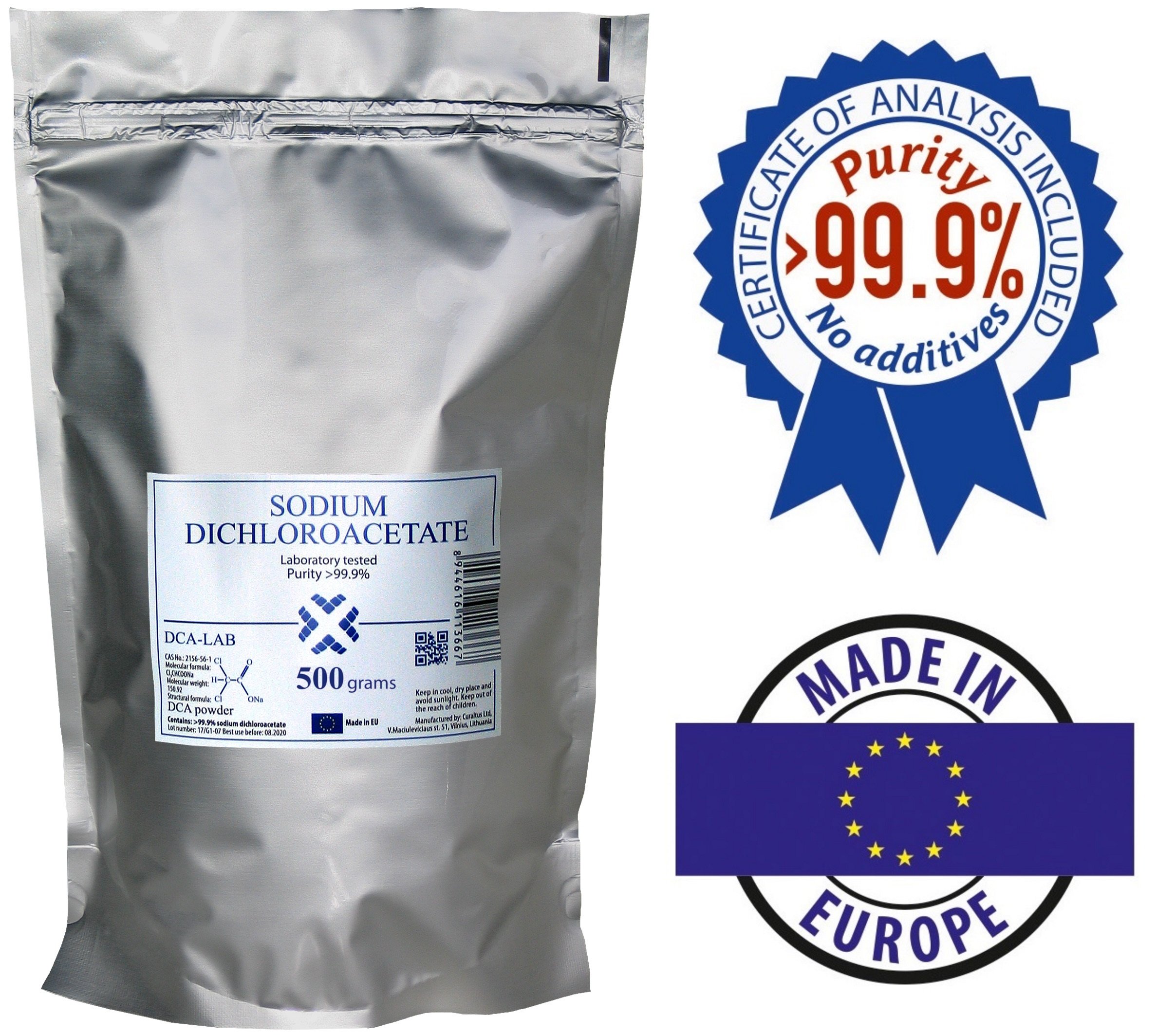 DCA - Sodium Dichloroacetate 500g Bulk Powder, Purity >99.9%, Made in Europe, by DCA-LAB, Certificate of Analysis Included, Tested in a Certified Laboratory, Buy Directly from Manufacturer, 1.7lbs