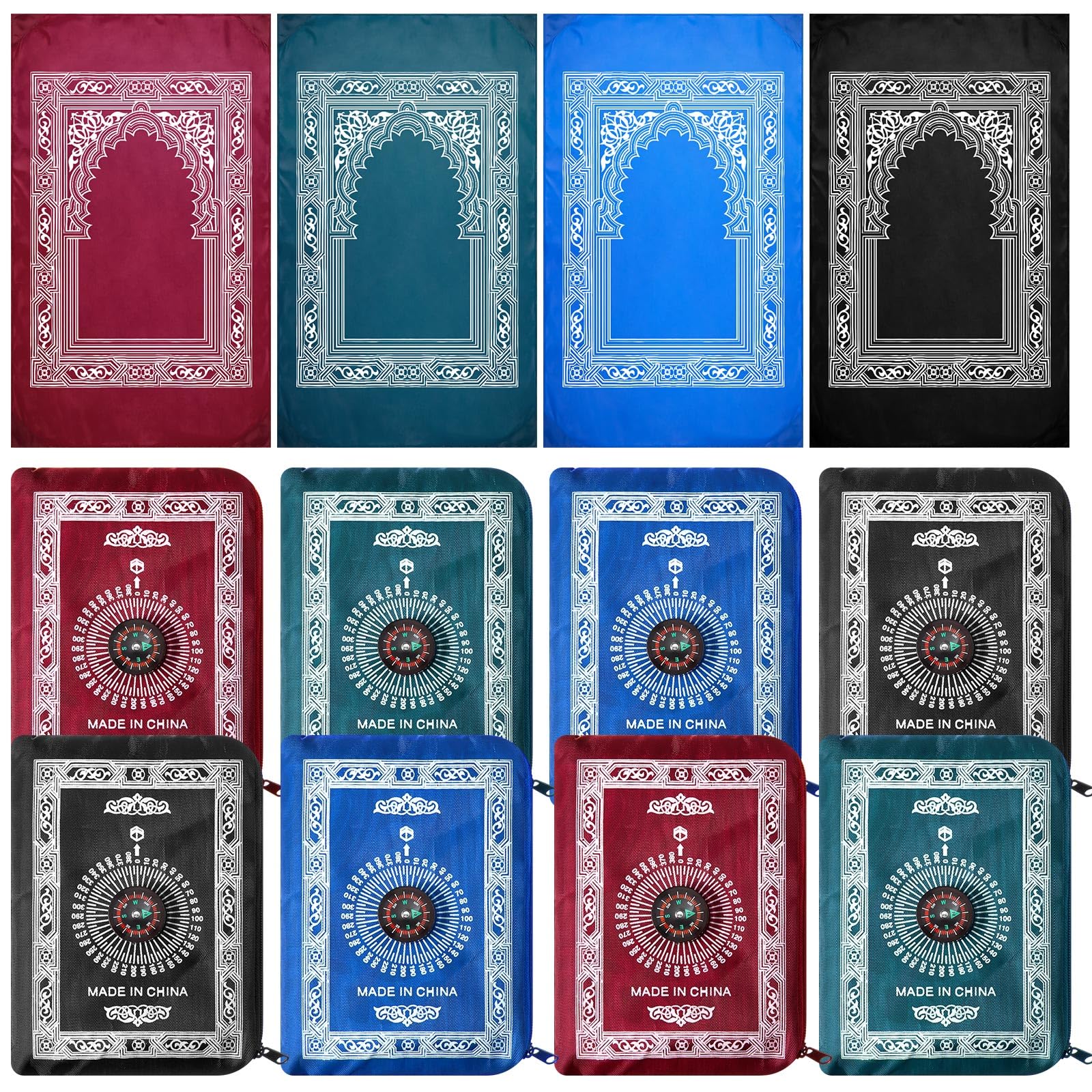 Mindsoft 8 Pcs Portable Travel Prayer Mat with Compass Islamic Waterproof Polyester Prayer Rug Muslim Prayer Carpet with Pocket Sized Carry Bag for Muslim Ramadan Gifts (60 cm x 100 cm)