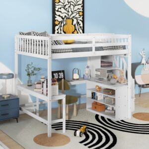 Full Size Loft Bed with Stairs and Desk, Wood Loft Beds with Storage Staircase, High Loft Bed Frame with Bookcase Shelves & L-Shape Desk for Kids, Teen, Boys, Girls, White