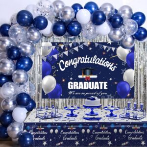 graduation decorations class of 2024, navy blue and silver graduation decorations, 2024 graduation party decoration with congratulations graduate backdrop banner balloons for college nurse high school