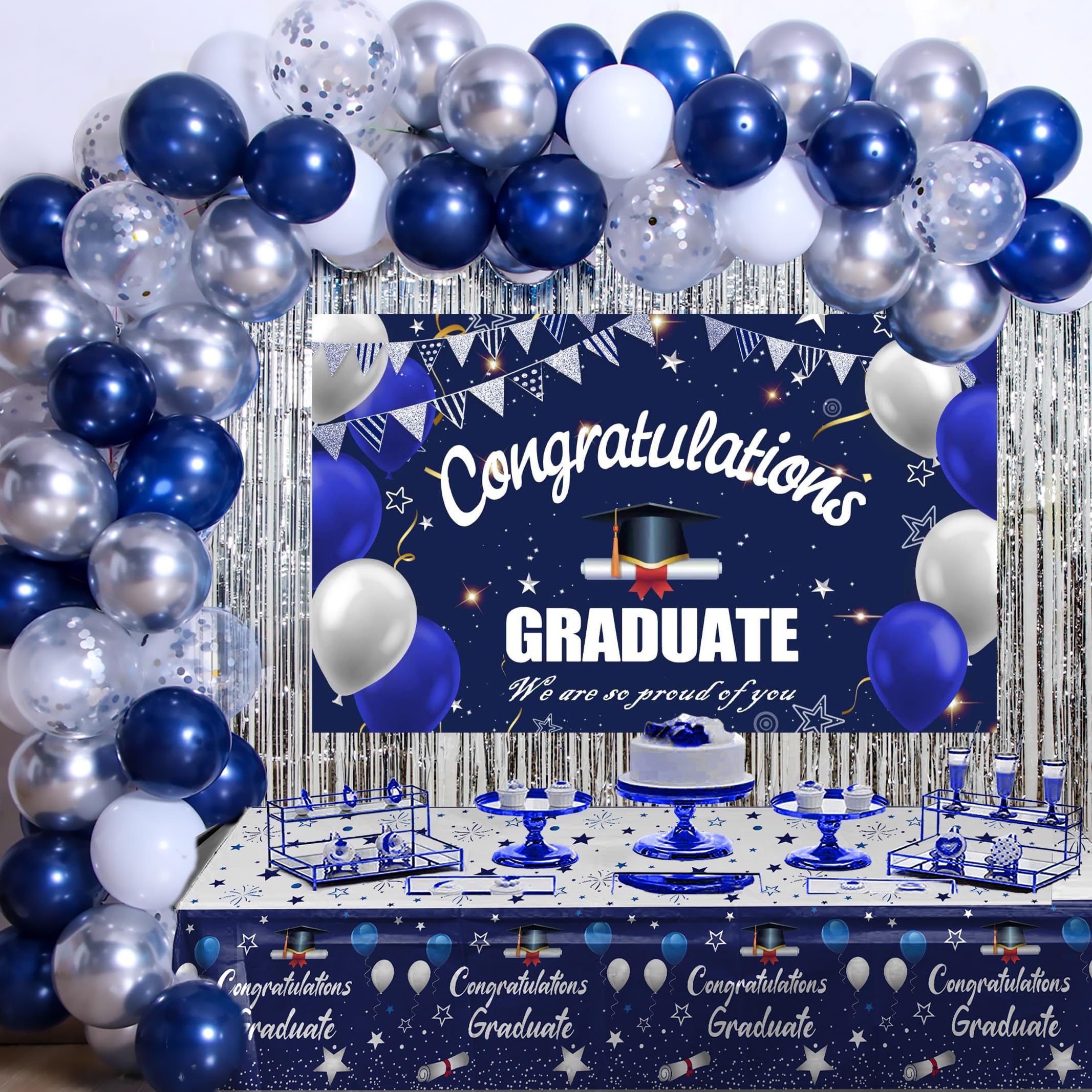 Graduation Decorations Class of 2024, Navy Blue and Silver Graduation Decorations, 2024 Graduation Party Decoration with Congratulations GRADUATE Backdrop Banner Balloons for College Nurse High School