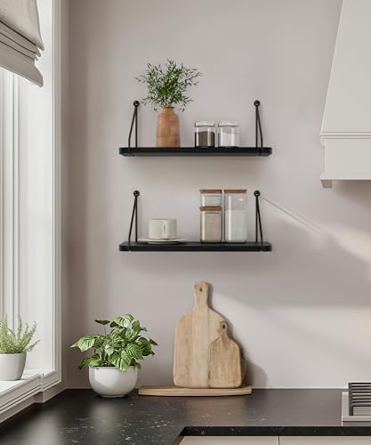 SUMGAR Black Floating Shelves for Wall, Wall Shelf for Bathroom Bedroom Kitchen, Floating Book Shelves for Wall Small Wall Mount Wood Storage Organzier Set of 2