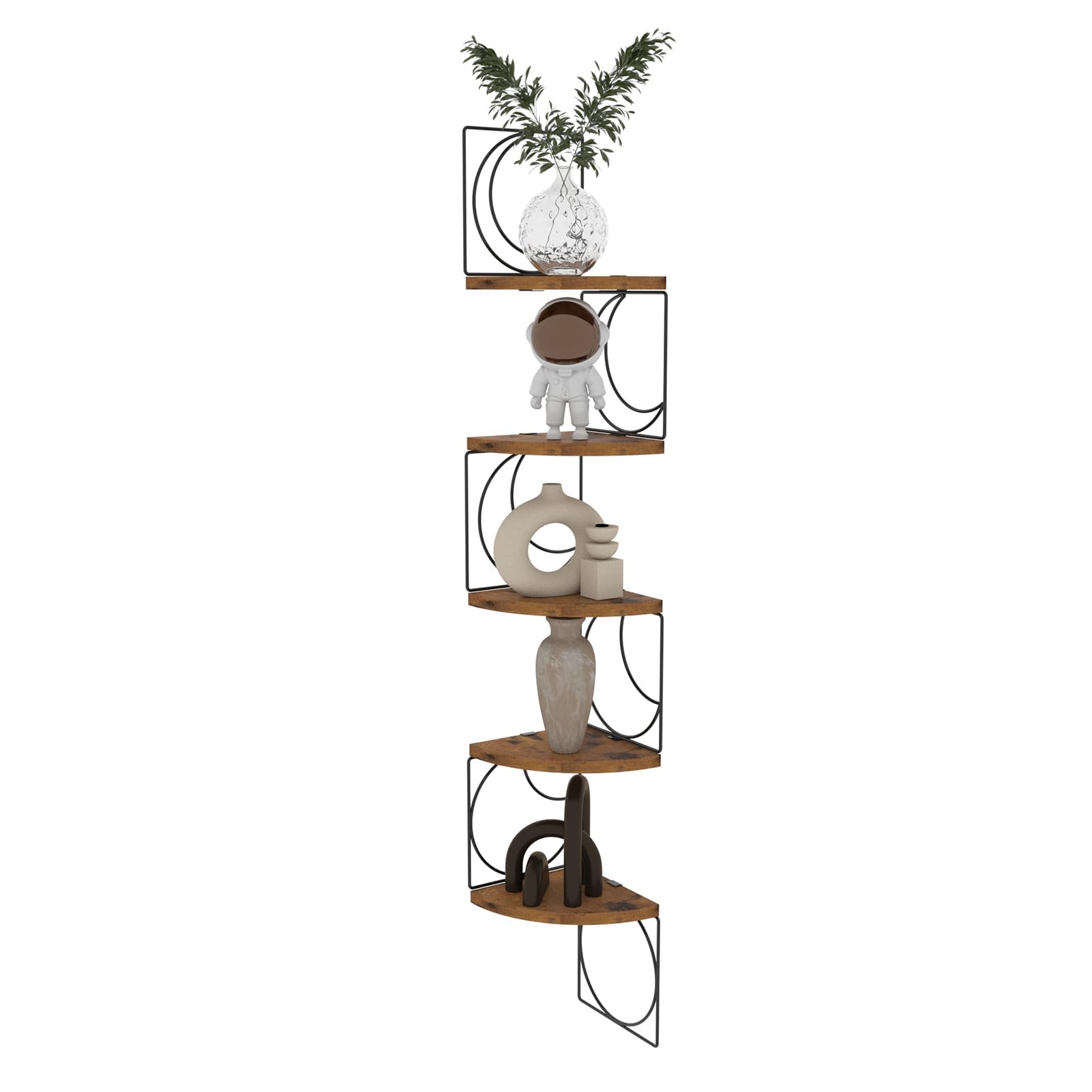 PHAREGE 5 Tier Moon Phase Corner Shelves Brown Black, Rustic Storage Shelves for Bedroom Kitchen Bathroom Living Room