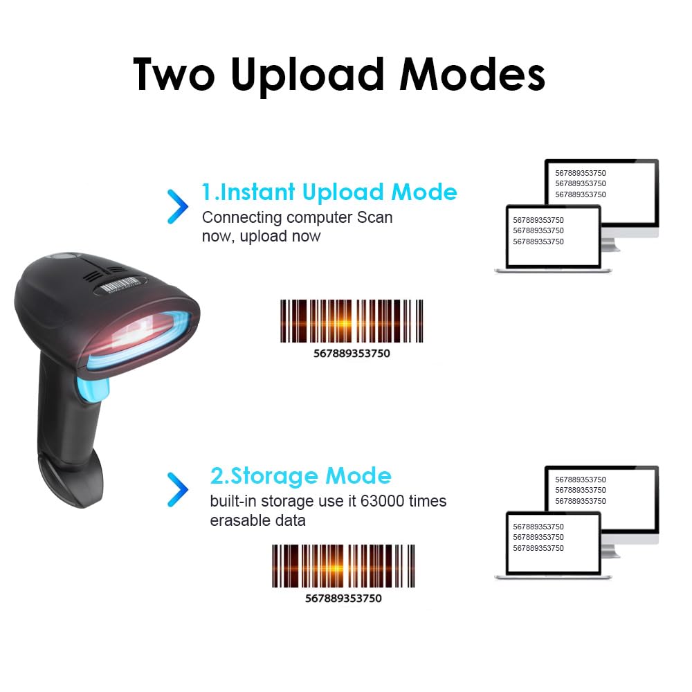 AHANIN Barcode Scanner 1D 2D QR USB Wired&2.4G Wireless Handheld Bar Code Reader Compact with Battery Level Indicator Digital Printed Plug and Play (USB Wired)