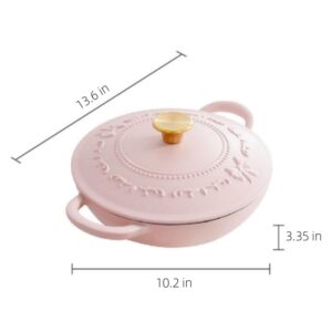 3 Quart Enamel Cast Iron Dutch Oven With Handles And Lid, 3.8 Qt Gradient Pink Cast Iron Skillet, Enamel Shallow Cookware Braising Pan For Casserole Dish, Crock Pot Covered With Cast Iron (3 Quart-Bow