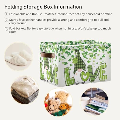 HOYYU St Patrick's Day Gnome Storage Basket Shelf Shamrock Clovers Cute Fabric Laundry Basket Large Foldable Storage Box Cube with Handle Closet Bin Organizer Basket for Kids Toys Cloth Bedroom