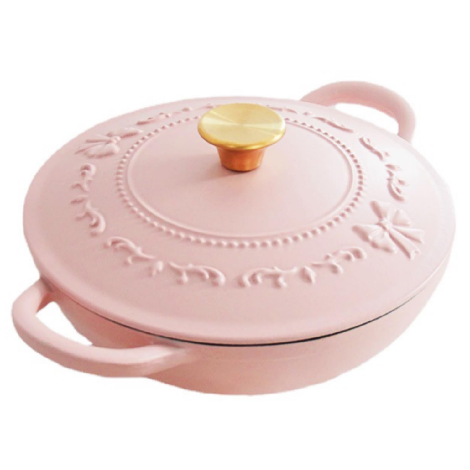 3 Quart Enamel Cast Iron Dutch Oven With Handles And Lid, 3.8 Qt Gradient Pink Cast Iron Skillet, Enamel Shallow Cookware Braising Pan For Casserole Dish, Crock Pot Covered With Cast Iron (3 Quart-Bow