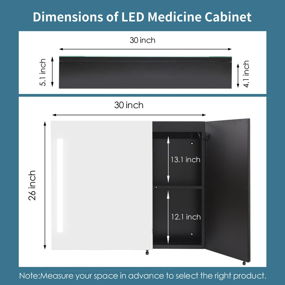 Movo Lighted Medicine Cabinet with Mirror,30 inch X 26 inch Wall Mounted LED Bathroom Medicine Cabinet Mirror with Lights and Storage,Anti-Fog,Dimmable,3000K-6500K Color Temper Change