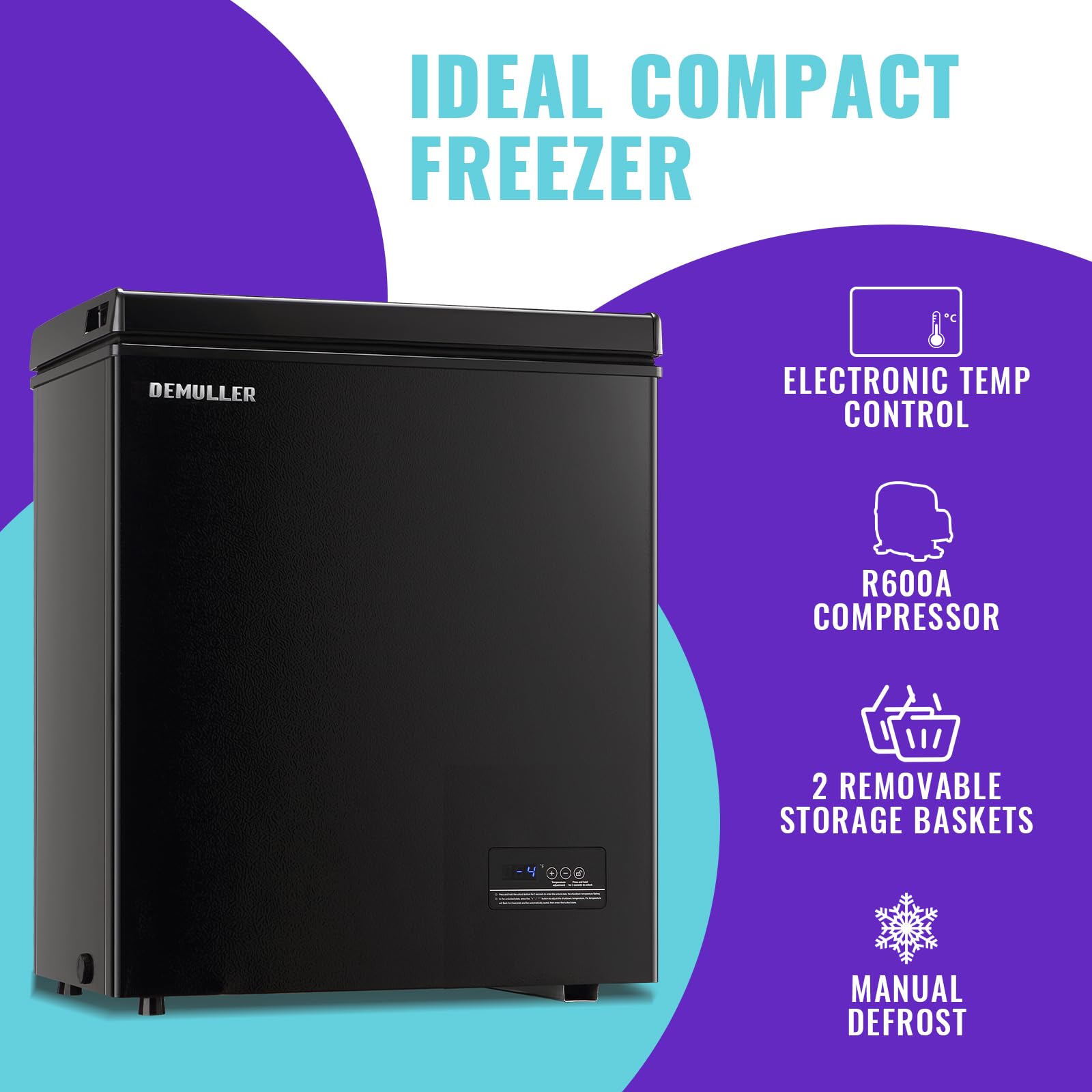 DEMULLER Chest Freezer, Small Deep 4.0 Cubic Feet Black Freezers, Compact Top Open Door Freezer with Electronic Panel, Temp Range -12 ℉ to 50 ℉, Two Storage Wire Baskets, Manual Defrost