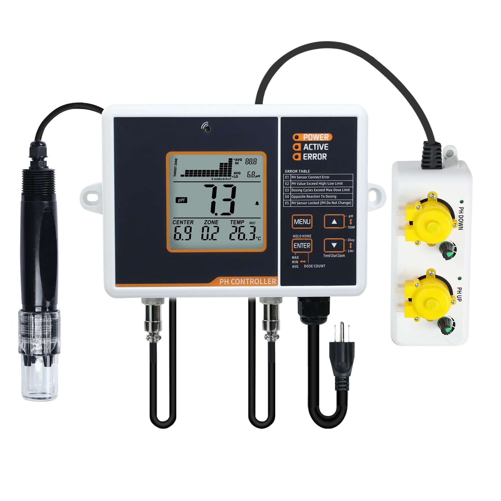 Smart pH Controller Aquariums, Two-Plug Auto Dosing System with Dosing Pump for pH Up and Down Dispensing, pH Meter with ATC Function, pH Monitor for Hydroponics Nutrient