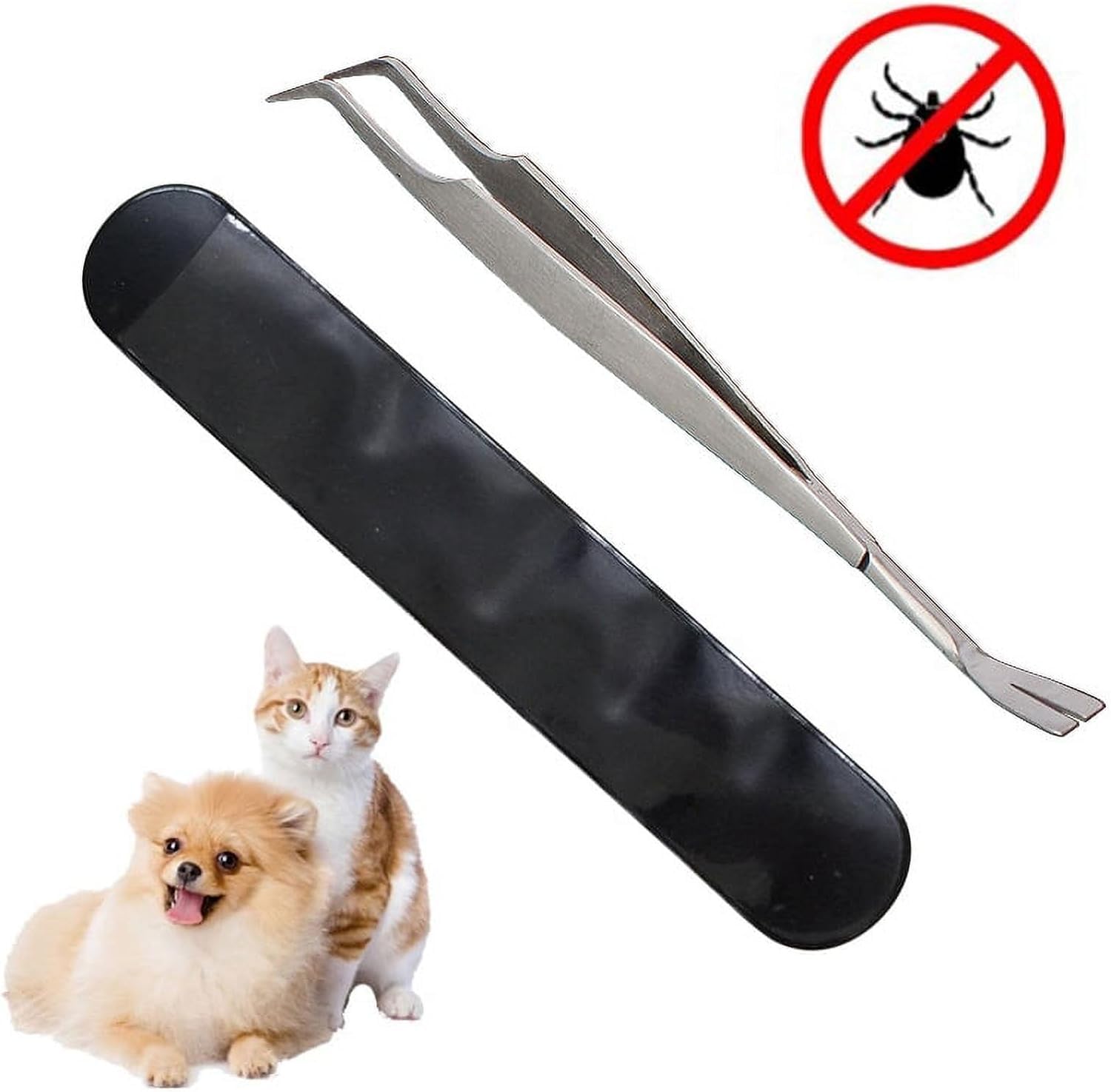 Calsgkspray Silver 2 in 1 Tick Removal Tool for Pets, Stainless Steel Professional Tick Tweezers Ticks Remover for Dogs Cats Tick Tweezers for Humans Pets, Hair Removal Mitts and Rollers