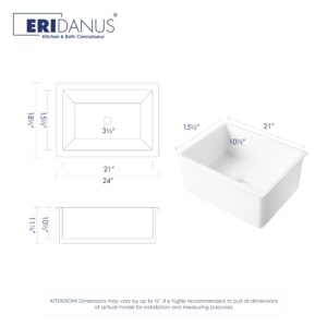 Drop in Kitchen Sink, Eridanus 24" x 18" Undermount Kitchen Sink 24 Inch Fireclay Sink Dual Mount White Kitchen Sink Topmount Deep Single Bowl with Bottom Grid and Strainer Drain