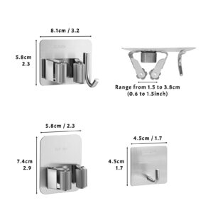 Daily Treasures 6 Pcs Stainless Steel Broom Holder Wall Mount Self Adhesive (with Hook), Adjustable Size Broom and mop Holder, Flexible Freestanding Broom Sticky Back Hooks, Hook Broom Hanger