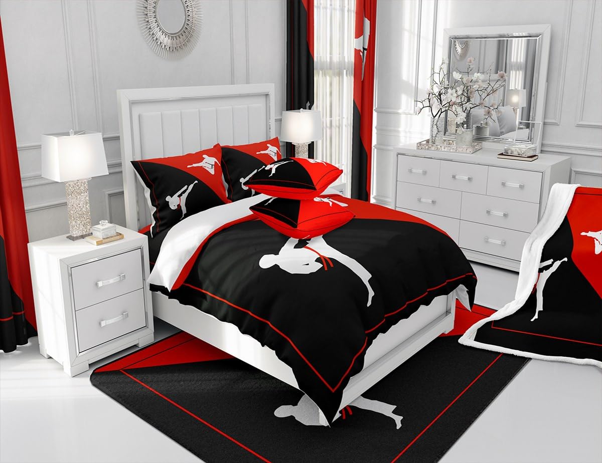 Taekwondo Duvet Cover,Kids Japanese Sports Bedding Set,Black Red White Comforter Cover for Boys Girls Room Decor,Kungfu Lightweight Bedspread Cover Twin Size with 1 Pillow Case