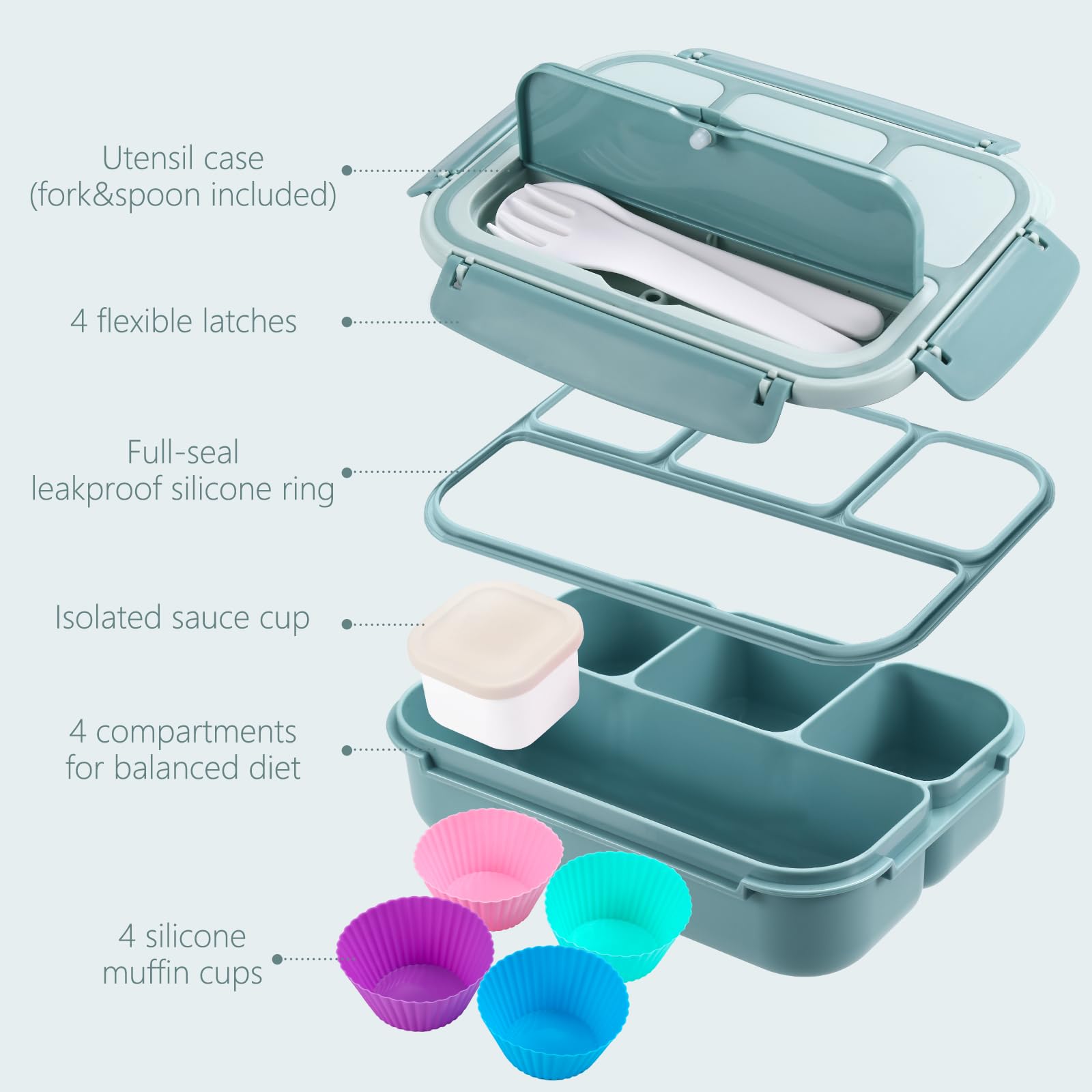 Bento Box Adult Lunch Box for Men Women, Bento Lunch Box for Kids Boys Girls School, Lunch Containers for Adults with 4 Compartments, Utensil Set, Sauce Container, Muffin Cup, Green