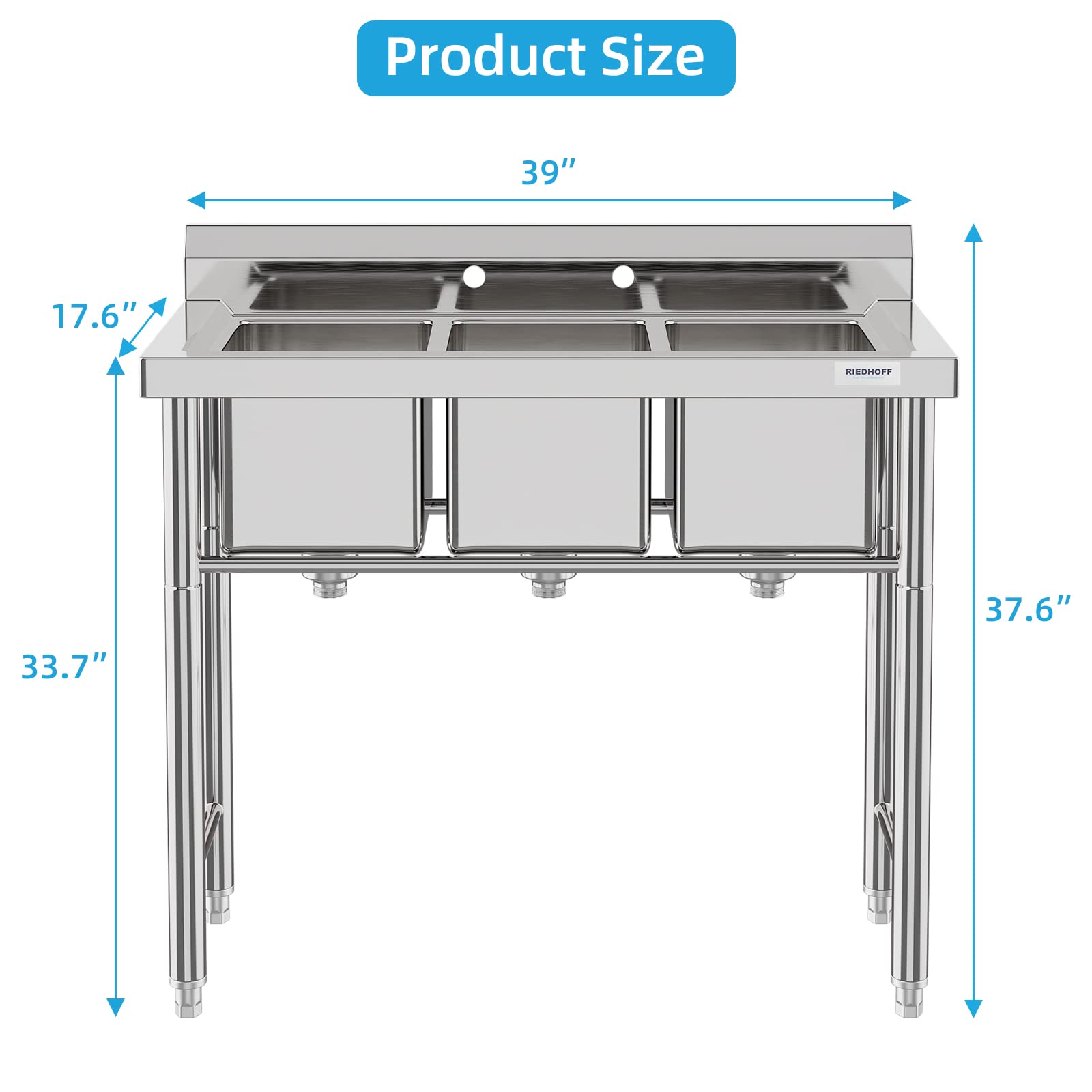 RIEDHOFF 3 Compartments Stainless Steel Utility Sink, [Triple Bowl] Commercial Kitchen Sink for Restaurant, Bar, Food Truck, Coffee Shop- Bowl Size 11" L x 10" W x 10" H