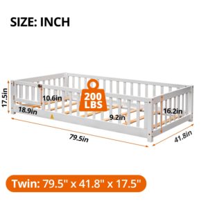 i-POOK Twin Floor Bed for Children, Sturdy Wood Montessori Bed Frame with Wood Slats, High Fence & Small Door, Montessori Floor Bed for Girls and Boys, White