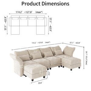 LLappuil 6 Seater Sectional Sofa U Shaped Modular Couches Deep Seated Modular Sofas for Living Room with Ottoman, Adjustable Armrest Backrest,Luxury Chenille, Khaki