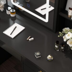 MOUMON Vanity Desk with Sliding Lighted Mirror, Vanity Mirror Makeup Desk with Drawers and Shelves, Vanity Mirror and Lights, Cushion Stool, Black