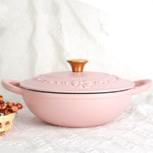 3 Quart Enamel Cast Iron Dutch Oven With Handles And Lid, 3.8 Qt Gradient Pink Cast Iron Skillet, Enamel Shallow Cookware Braising Pan For Casserole Dish, Crock Pot Covered With Cast Iron (3 Quart-Bow