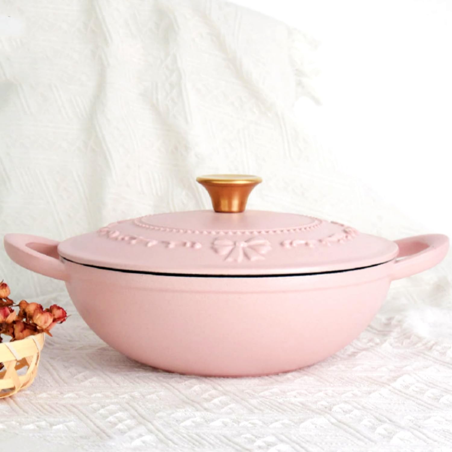 3 Quart Enamel Cast Iron Dutch Oven With Handles And Lid, 3.8 Qt Gradient Pink Cast Iron Skillet, Enamel Shallow Cookware Braising Pan For Casserole Dish, Crock Pot Covered With Cast Iron (3 Quart-Bow