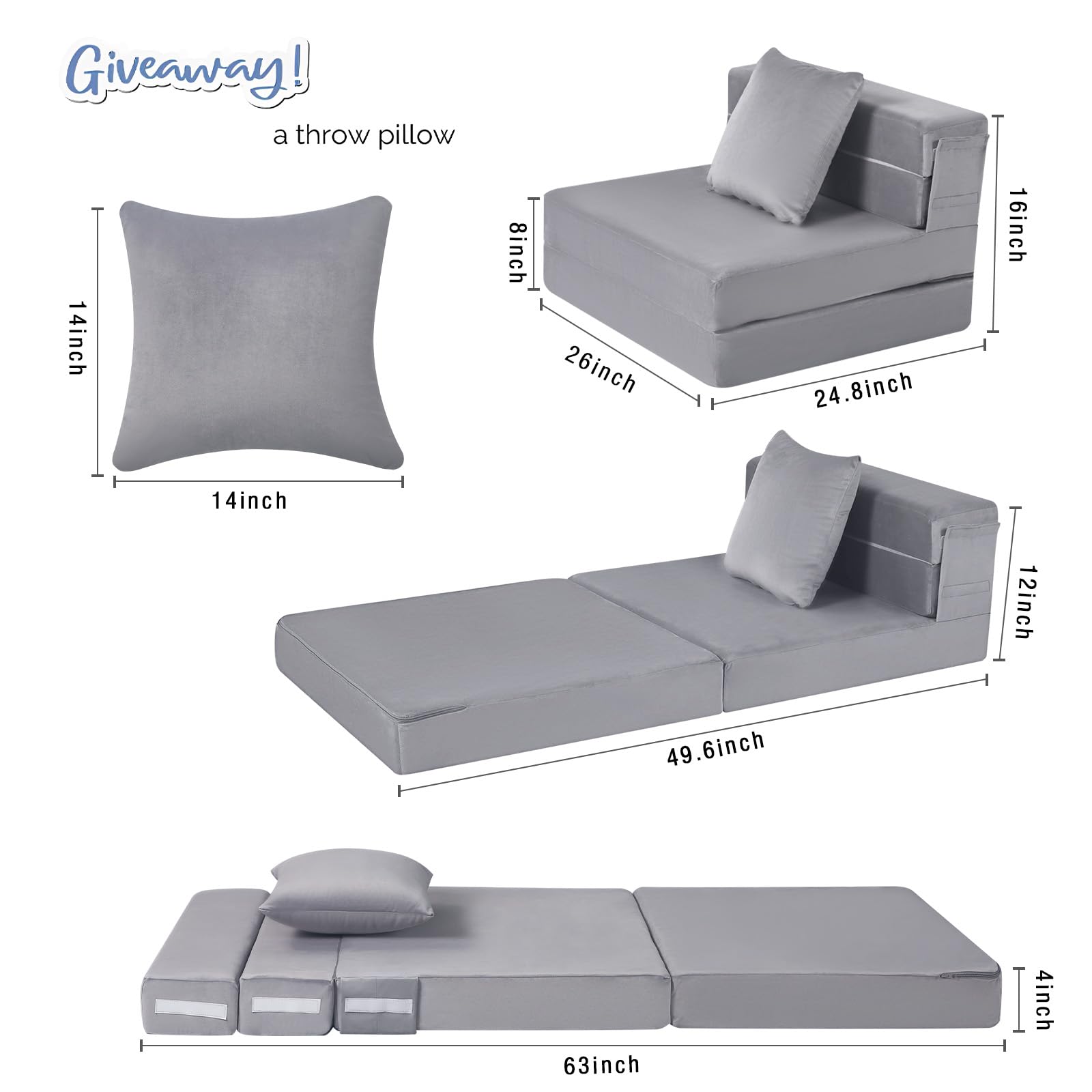 MeMoreCool Foldable Futon Chair Bed Sleeper for Kids, Toddler Sofa Bed Folding Mattress, Child Fold Out Couch Bed with Pillow, Convertible Foam Floor Sofa Sleeping Tri Fold Mattress Chair (Grey)