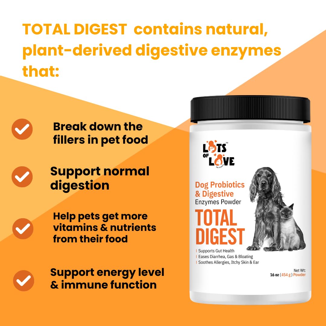 Lots of Love Total Digest - 16 0z Digestive Enzymes and Dog Probiotics Supplement - Probiotics for Dogs & Cats, Dog Gut Health Support, Immunity Support & Gas Relief