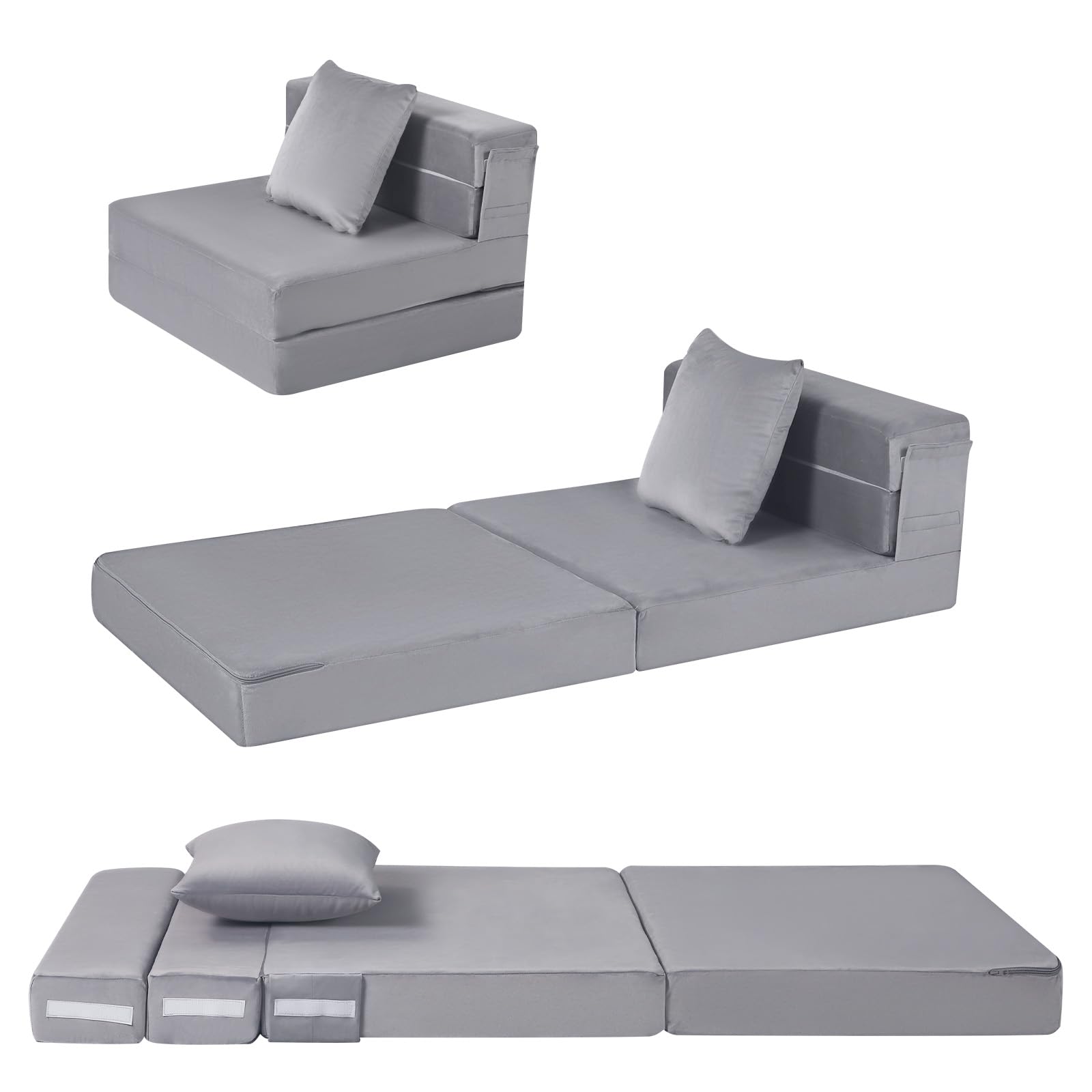 MeMoreCool Foldable Futon Chair Bed Sleeper for Kids, Toddler Sofa Bed Folding Mattress, Child Fold Out Couch Bed with Pillow, Convertible Foam Floor Sofa Sleeping Tri Fold Mattress Chair (Grey)