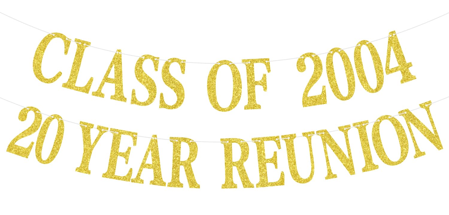 Happy 20th Anniversary Banner, Class of 2004, 10 Years Later, Class Reunion Party Decorations Gold Glitter