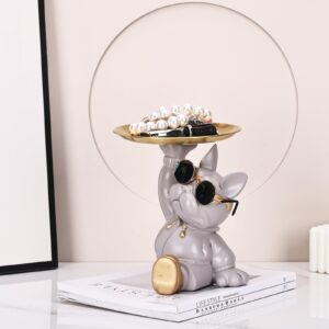 Bulldog Tray Statue and Sculpture Key Holder, French Bulldog Storage Candy Dish, Modern Key Bowl for Entryway Table Cool Office Desk Frenchie Decor, French Bulldog Gifts Key Basket Accessories