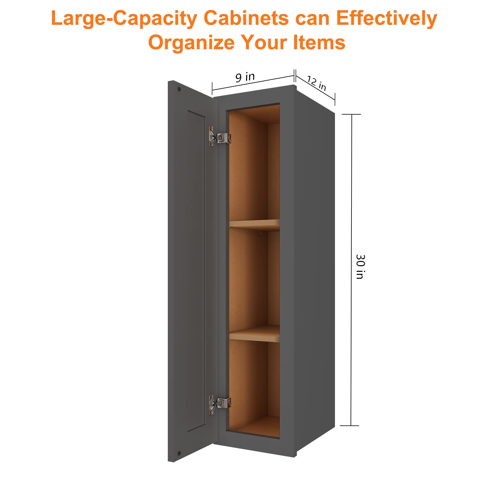 ROOMTEC Wood Wall Cabinet, Single Door Medicine Cabinet with Adjustable Shelves and Soft-Close Door for Kitchen, Bathroom, and Laundry. 12" D*9" W*30" H, Shaker Grey