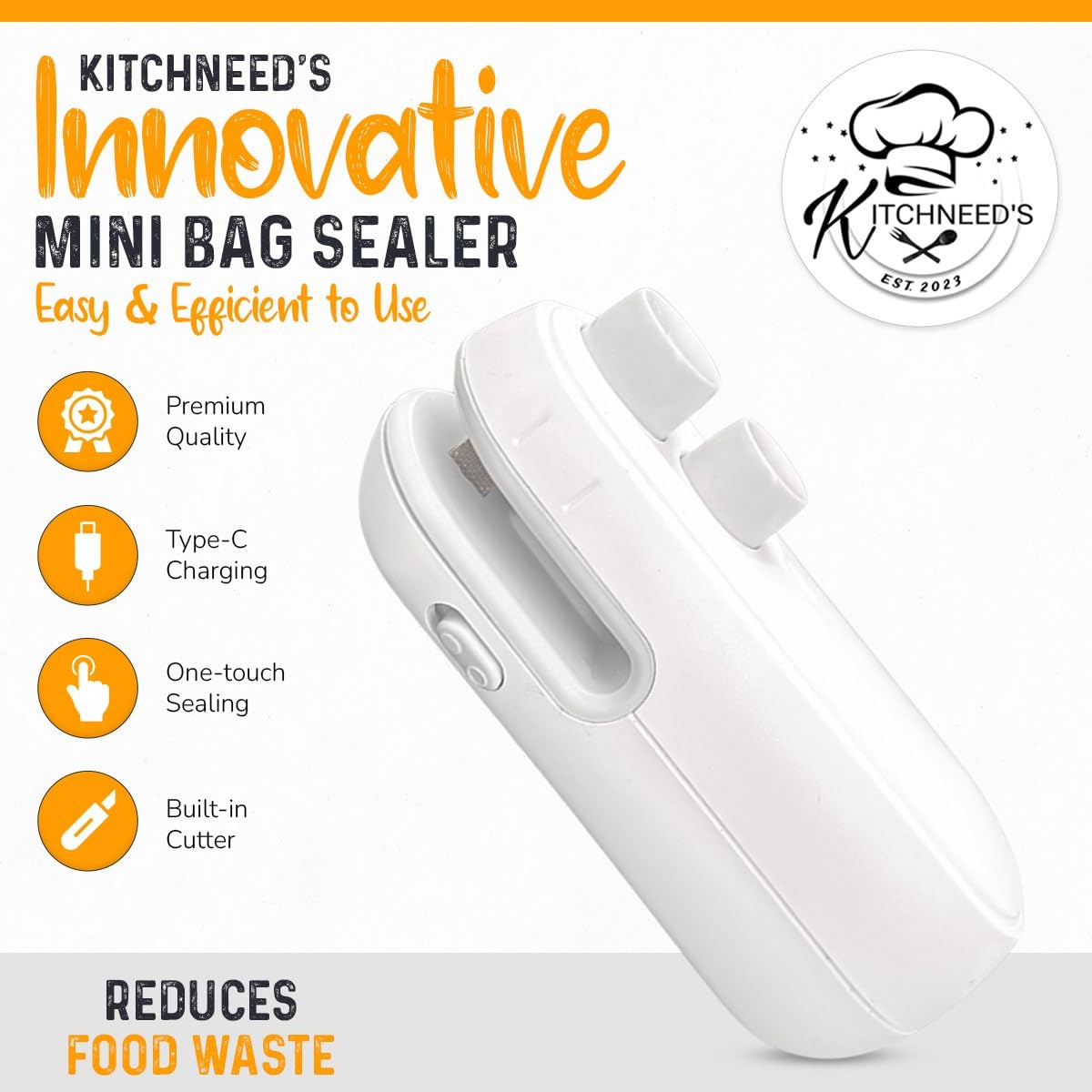 KITCHNEED'S MINI BAG SEALER, Preserve Freshness and Reduce Food Waste,2-in-1 Sealer & Cutter, Rechargeable, Quick and Easy.