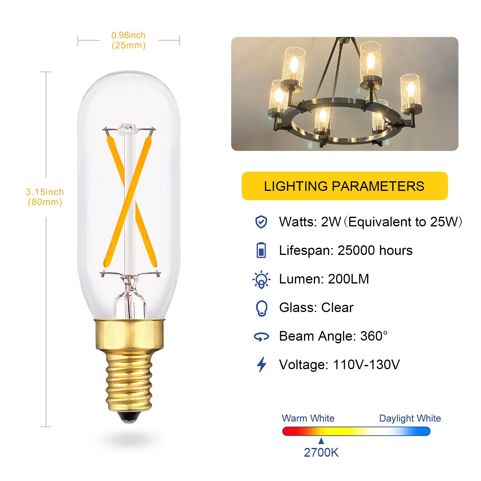 Vintage Dimmable T6 LED Bulb, 25W Equivalent/ 2 Watt, Antique E12 Edison Candelabra Light Bulbs, 2700K Soft Warm White T8/T25 Small Tubular Chandelier Lamp, 4 Pack