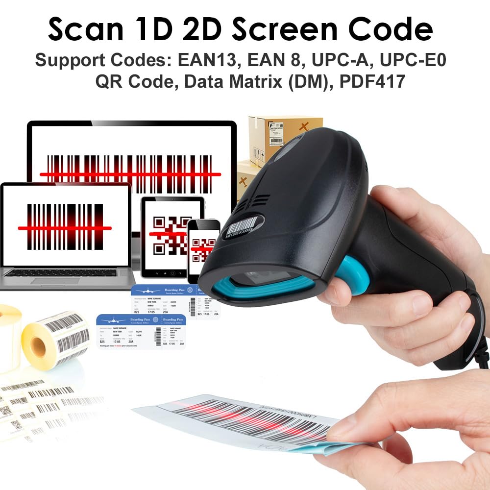 AHANIN Barcode Scanner 1D 2D QR USB Wired&2.4G Wireless Handheld Bar Code Reader Compact with Battery Level Indicator Digital Printed Plug and Play (USB Wired)