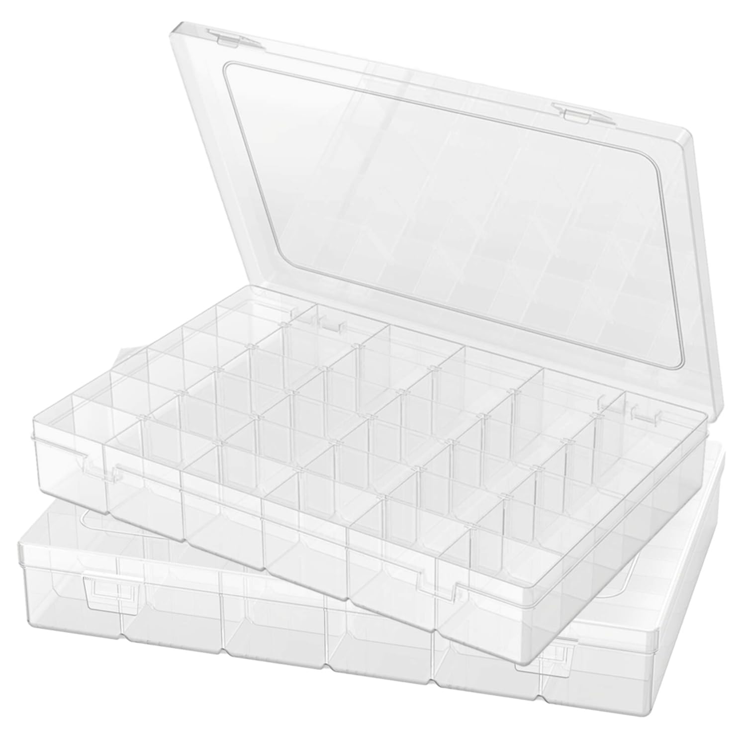 2 Pack Plastic Organizer Container Box, 36 Grids Clear Plastic Parts Organizer Box, for Beads, Art DIY, Crafts, Jewelry, Fishing Tackle with Label Stickers