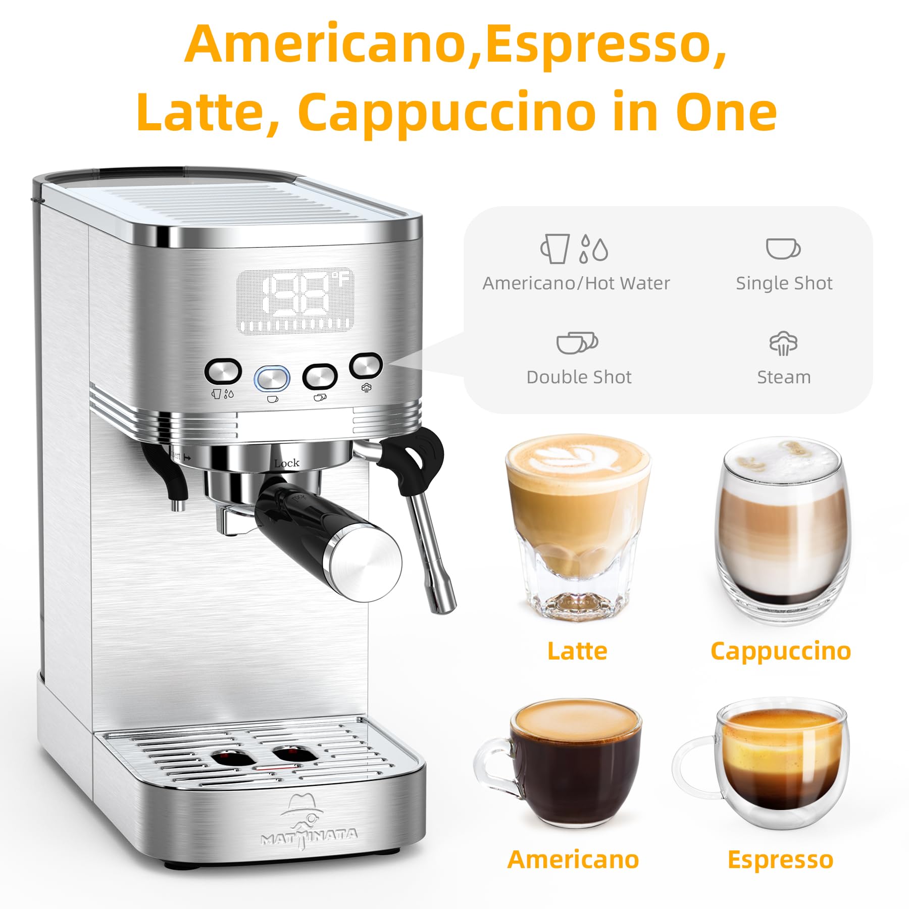 MAttinata Espresso Machine 20 Bar, Espresso Maker with Milk Frother and Hot Water Wand for Cappuccino, Latte, Americano, Stainless Steel