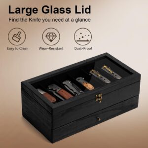 Yoimori Knife Display Case for 9-15 Knives, 2-Layer Pocket Knife Case with Glass Lid & Drawer, Wood Knife Cases for Collections for Men Gift Ideas (Black)