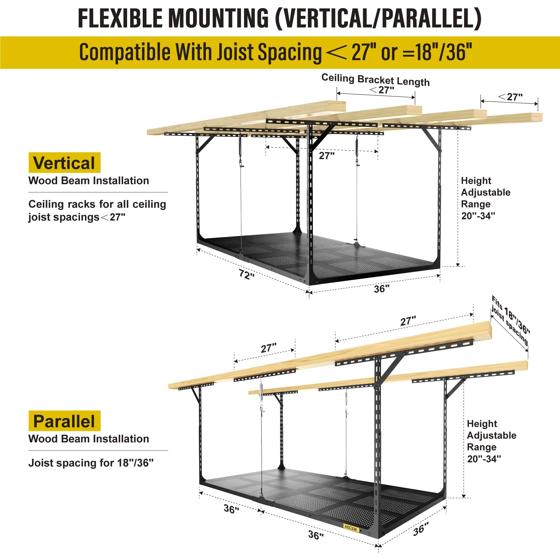 Aecxm 3x6ft Overhead Garage Storage, Adjustable Ceiling Mounted Storage Racks, 36" Length x72 Width x 35" Height, 20''-40" Ceiling Dropdown, 680LBS Weight Capacity (Black)