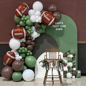 football balloon garland arch kit 131pcs sage green and coffee brown balloons with football foil balloon for touch down rugby super bowl sport theme party decorations