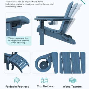 SERWALL 5-Piece Adirondack Chair and Ottoman and Table Set, HDPE Weather Resistant Adjustable Backrest Adirondack Chair with Ottoman and Side Table, Navy