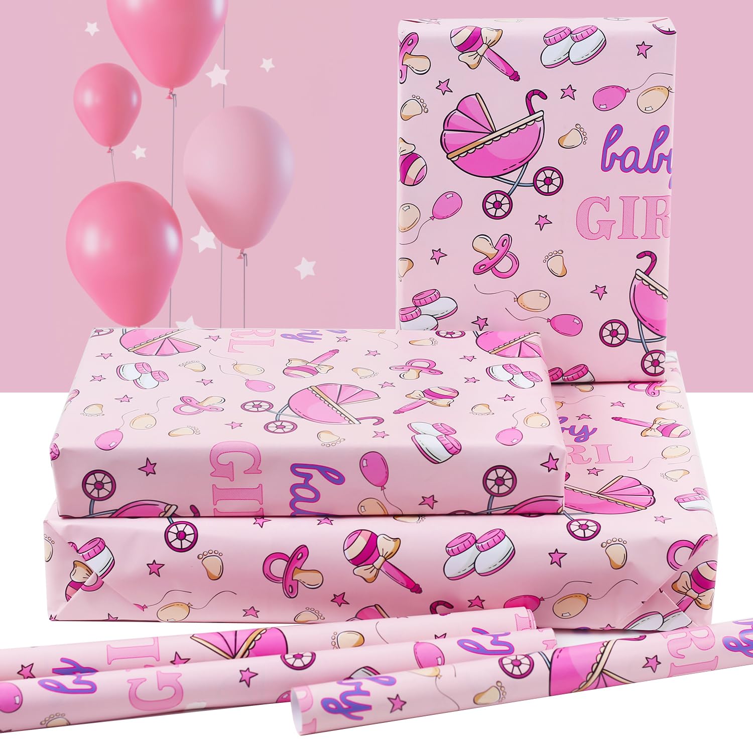 Baby Girl Wrapping Paper For Kids Girls, 6 Sheets Stroller Baby Socks Nipple Balloons Designs 20 x 28 inch Birthday Wrapping Paper for Baby Shower Birthday Kindergarten Newborn