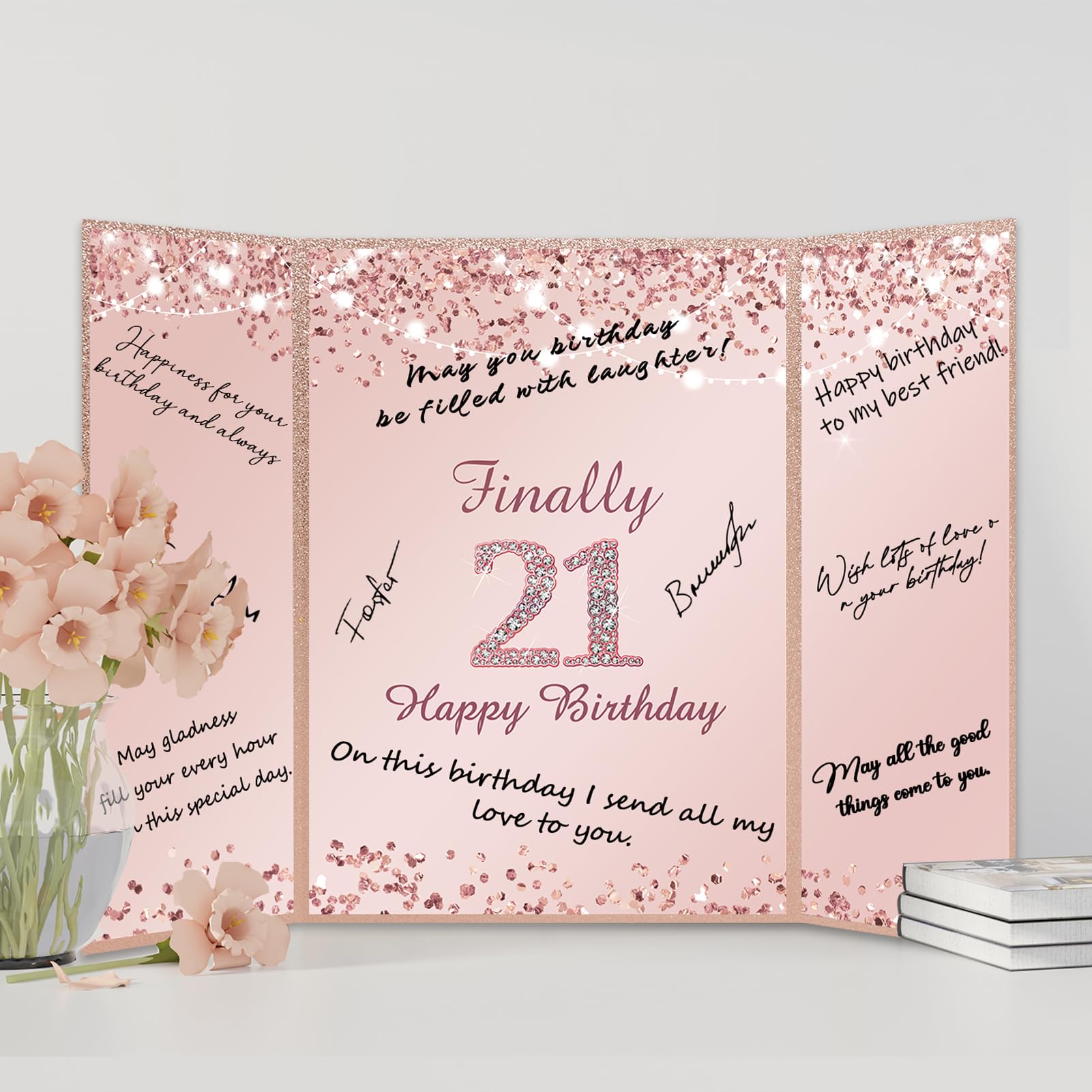 Vlipoeasn 21st Birthday Guest Book Alternative, Rose Gold 21st Birthday Party Decorations for Women, Creative Diamond 21st Birthday Signature Book, Cheers to 21 Year Old Birthday Party Supplies