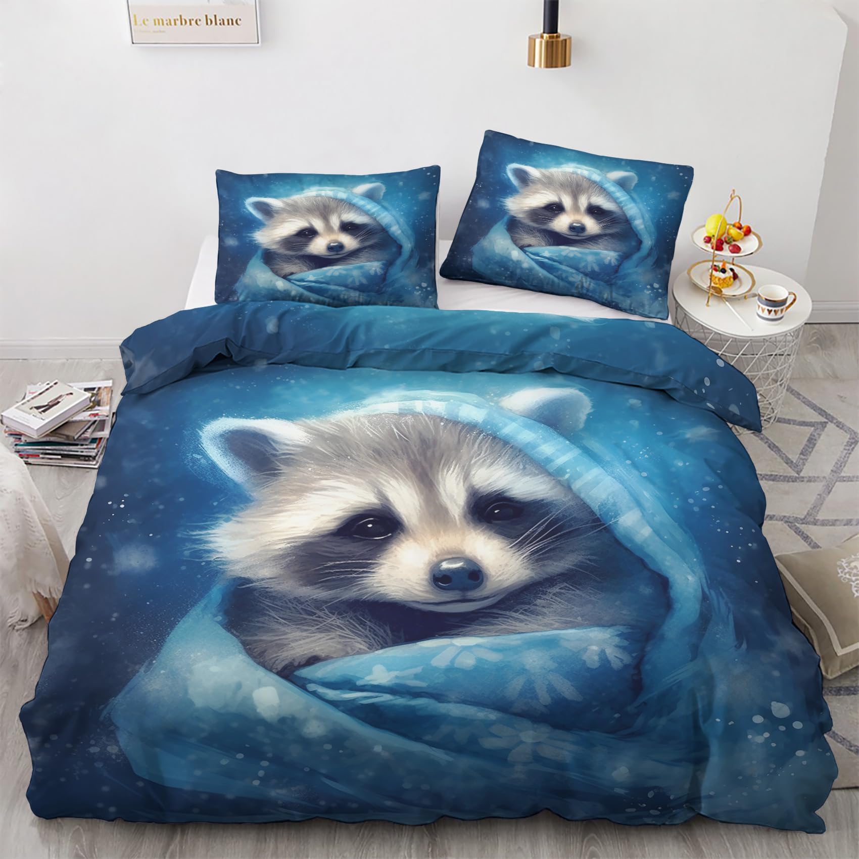 zcwl Raccoon Duvet Cover King Size | Cute Animal Bedding Set | 3 Piece | Soft Microfiber Patterned Comforter Cover with Zipper Ties & 2 Pillowcases | Raccoon Bedroom Decor