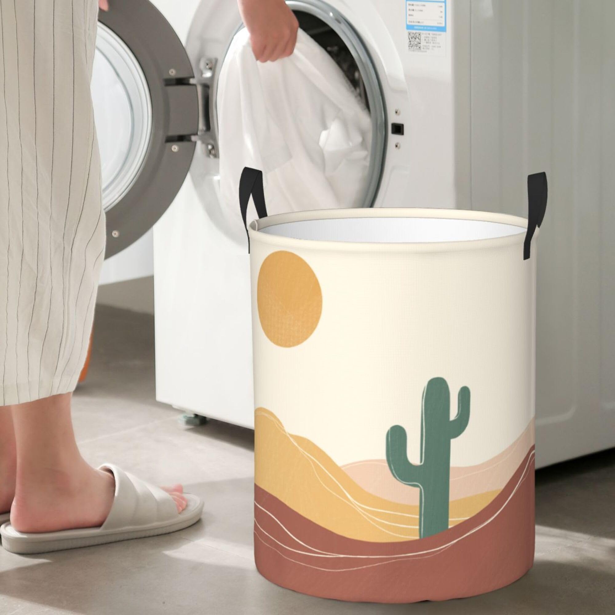 aHaBiKas Collapsible Laundry Basket Organizer, Bathroom Desert Cactus Scenery Dirty Clothes Storage Basket with Handle for Bedroom Living Room Small Size