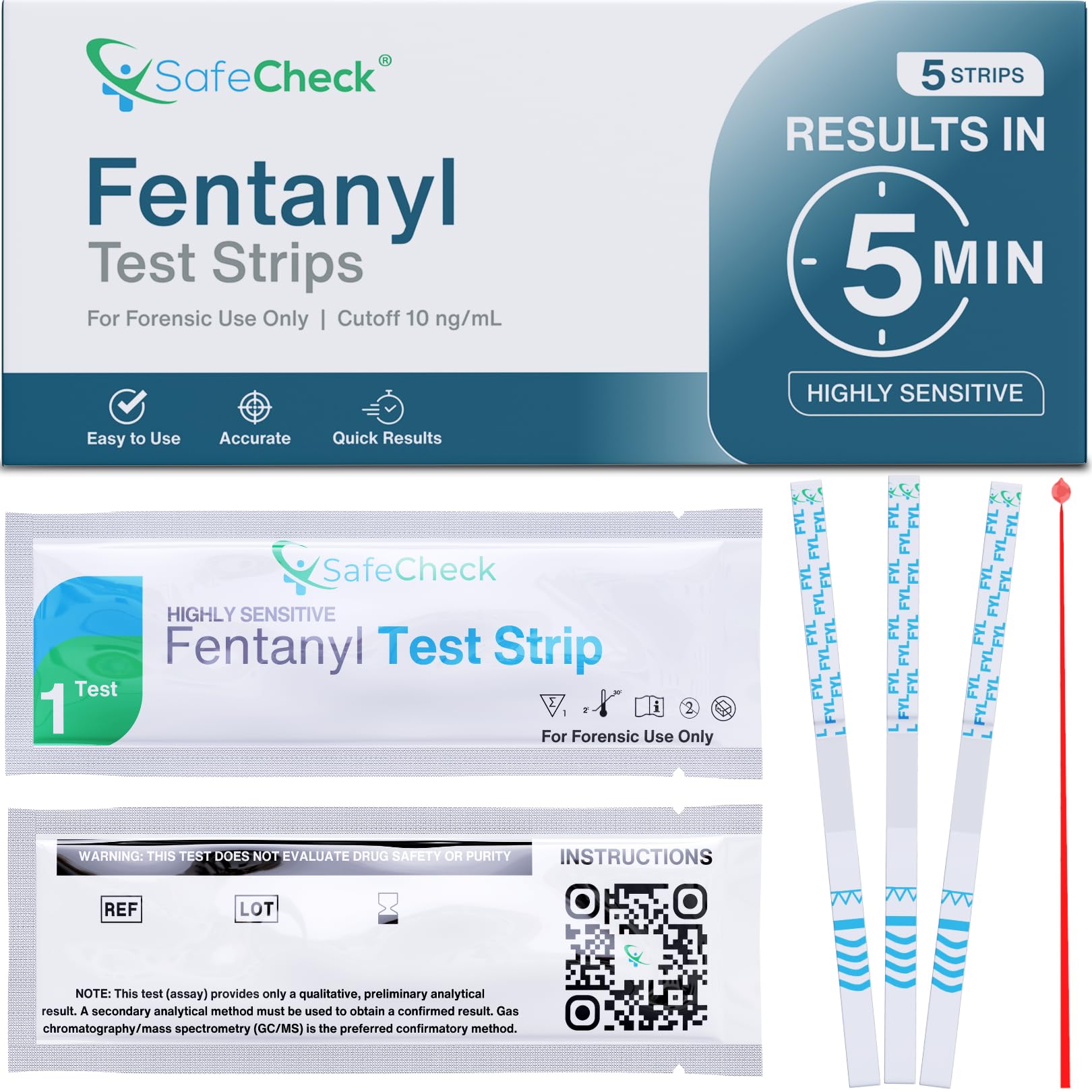 Fentanyl Test Strips 5 Pack | SafeCheck Highly Sensitive Fentanyl Test Strips for Testing Drugs | Fentanyl Testing Strips for Pills, Powders | Fentanyl Test Kit | 10ng/mL Cutoff